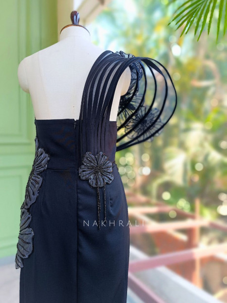 Sylrix Black Statement Gown with 3D Floral Sequin Embroidery
