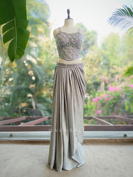 Naya Grey Indo-Western Crop Top Skirt Set with Cut Dana Sequin Work