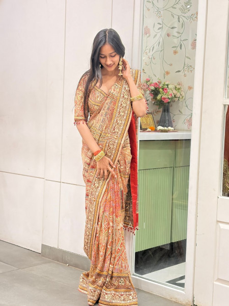 Virel Rust Designer Saree with Bead Stone Embbroidered Blouse