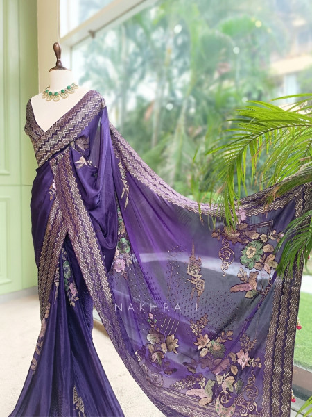 Vionika Plum Purple Chiffon-Crepe Saree With Chevron Zari Border & Floral Embroidery