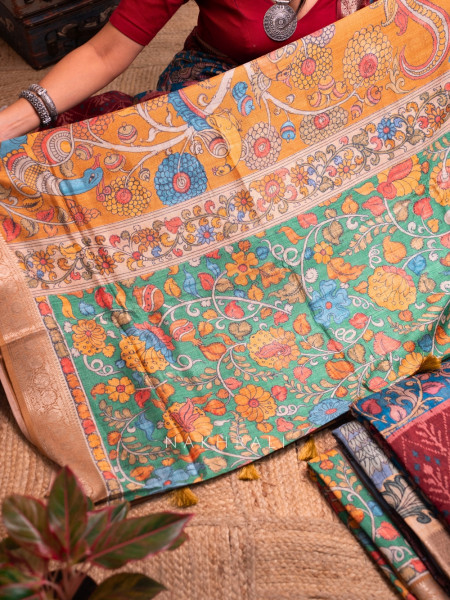 Pankh Green Kalamkari Saree with Traditional  Art Prints