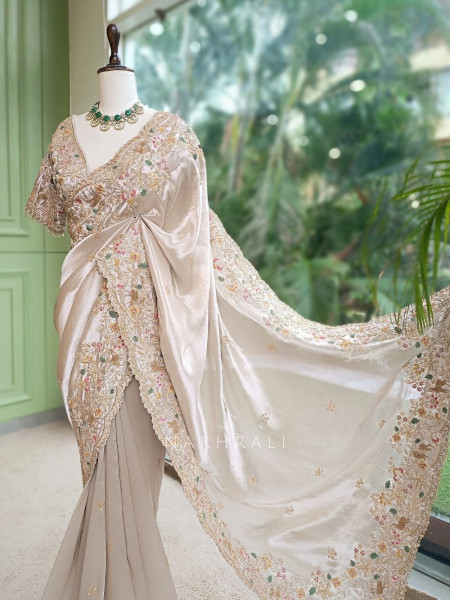 Mrigpushp Ivory Tissue Satin Designer Saree with Readymade Blouse