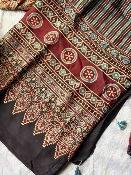 Vasudha Black Modal Silk Saree With Ajrakh Print
