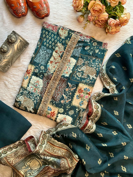 Noorani Blue Printed Dress Material with Cut Dana Work