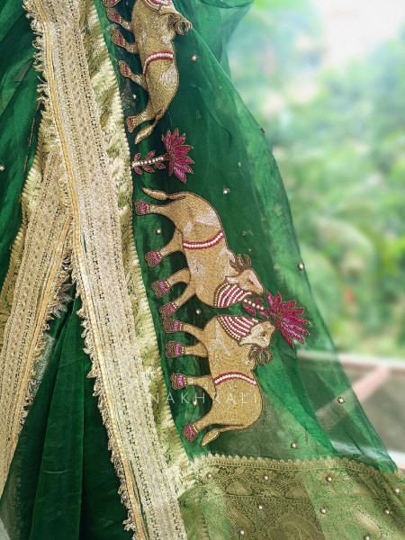 Vraj Ras Green Banarasi Tissue Silk Saree – Hand Embroidery & Zari Border