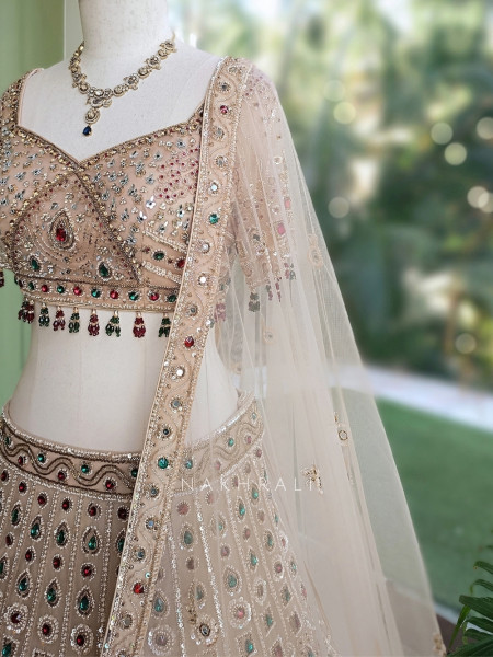 Ruby Kundan  Beige Satin Lehenga