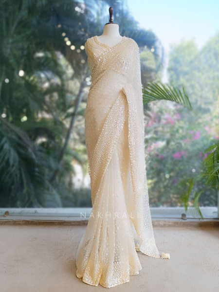 Chandelier Cream Net Saree with Sequin and Cut Dana Blouse