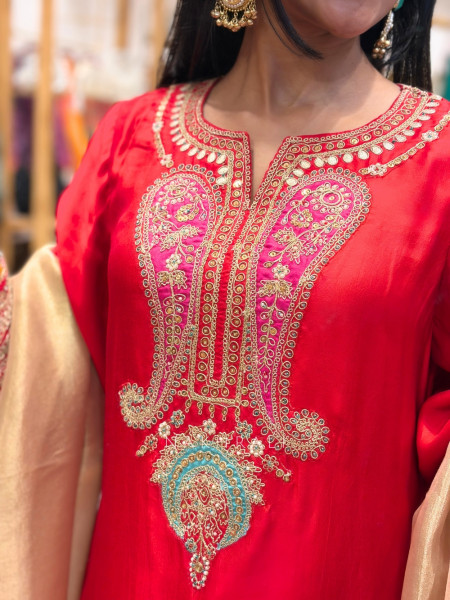 Resham Rang Red Silk Blend Farshi Suit Set With Zari, Zardozi & Resham Embroidery