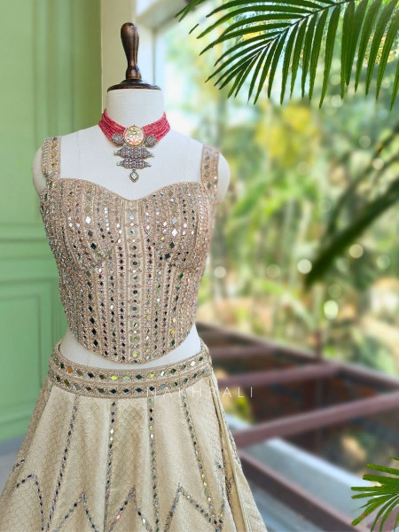 Darpan Pink Silk Corset Lehenga with Mirror Work
