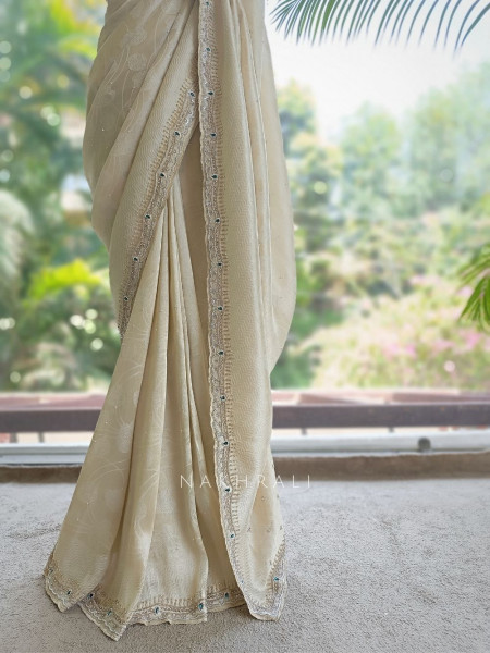 Pravika Cream Organza Silk Blend Saree with Scalloped Zardozi Border