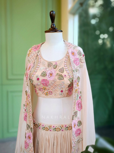 Ira Beige Embroidered Crop Top Skirt Set with Cape Dupatta