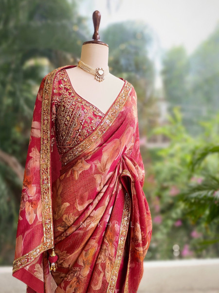 Avnita Red Floral Saree with Embellished Readymade Blouse