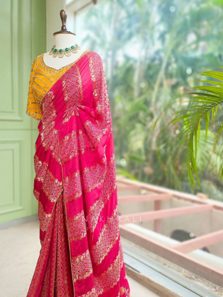 Pravahini Magenta Bandhani Saree with Sequin, Cut Dana & Mirror Work Readymade Blouse