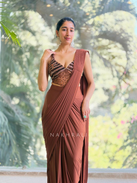 Riona Brown Sequin Drape Saree with Cut Dana Blouse