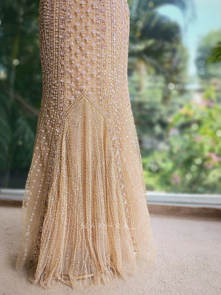 Aria Beige Sequin Cut Dana Gown with Pearl Detailing