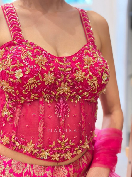 Gul-Shan Magenta Banarasi Brocade Corset Lehenga with Cut Dana Work
