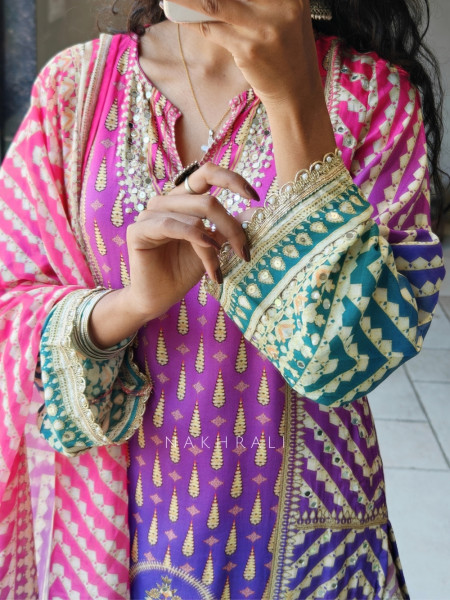 Zenvira Multicolor Printed Kurta Palazzo Set with Mirror Neck Detail