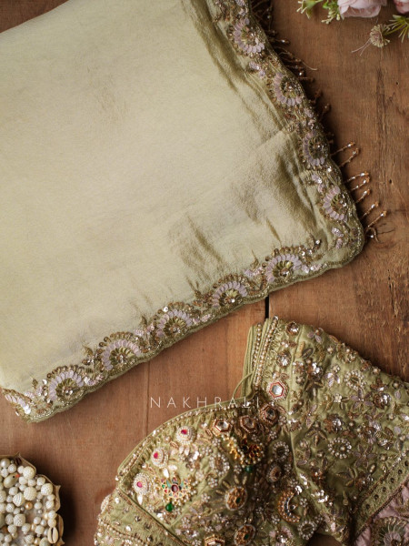 Riyasati Pista Green Satin Crepe Saree