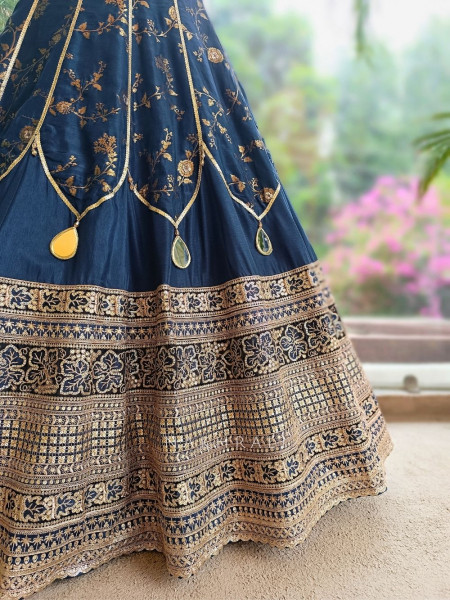 Orvian Navy Blue Lehenga Set with Floral Weave Sequin Border Work