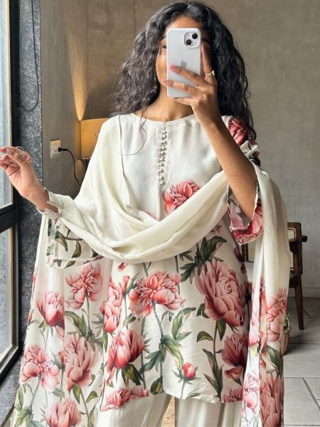 Elysian Cream Satin Farsi Suit Set With Floral Print