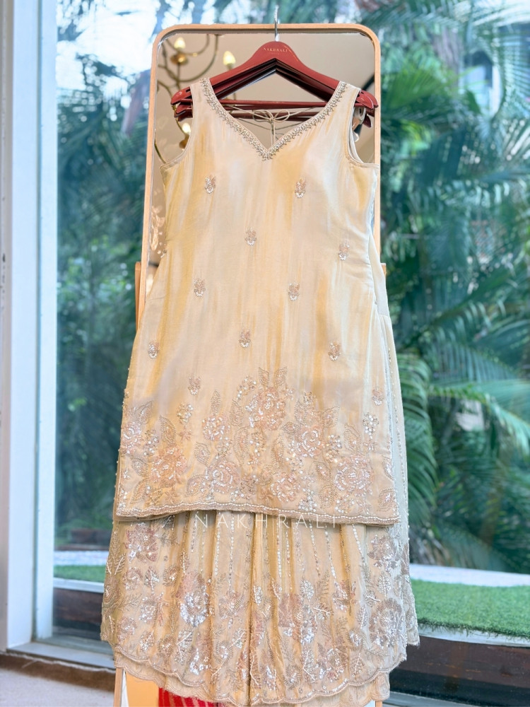 Image of Kushika Cream Chanderi Silk Blend Sharara Set