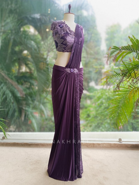 Celestia Wine Drape Saree with Sequin Embellished Blouse