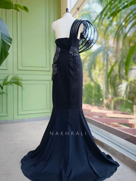 Sylrix Black Statement Gown with 3D Floral Sequin Embroidery