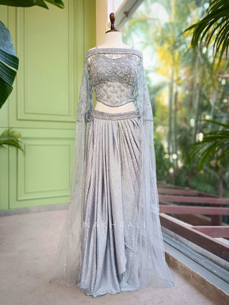 Naya Grey Indo-Western Crop Top Skirt Set with Cut Dana Sequin Work