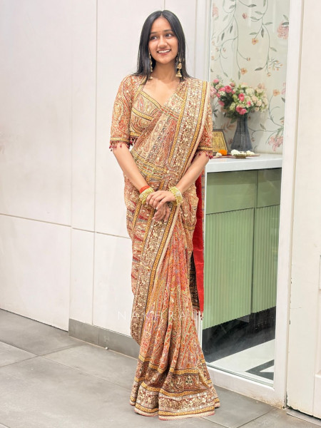 Virel Rust Designer Saree with Bead Stone Embbroidered Blouse