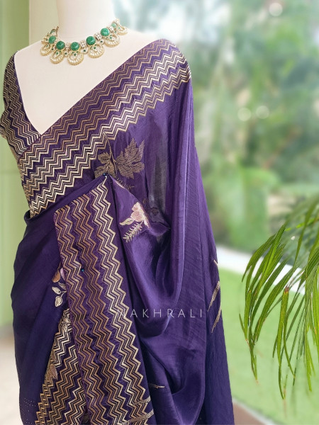Vionika Plum Purple Chiffon-Crepe Saree With Chevron Zari Border & Floral Embroidery