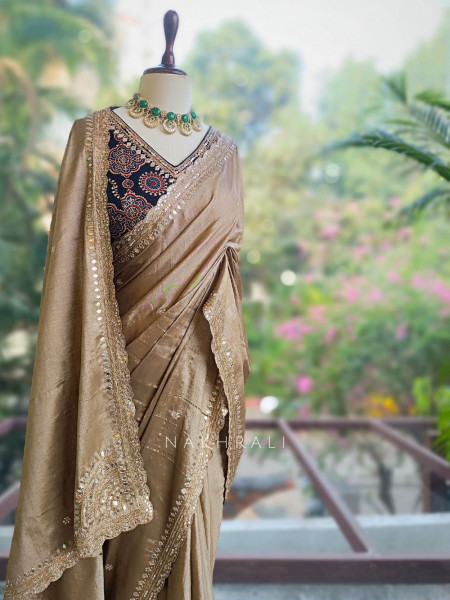Pavani Brown Saree with Embroidery Mirror Border