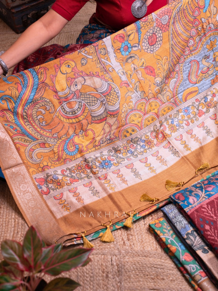 Pankh Green Kalamkari Saree with Traditional  Art Prints