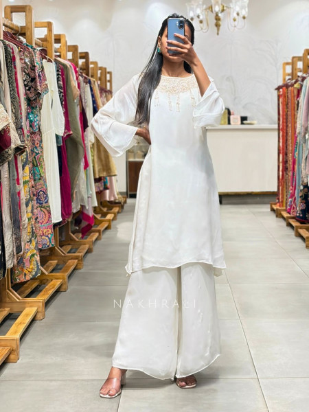 Tirva White Silk Kurta Palazzo Set with Cut Dana Work
