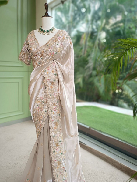 Mrigpushp Ivory Tissue Satin Designer Saree with Readymade Blouse