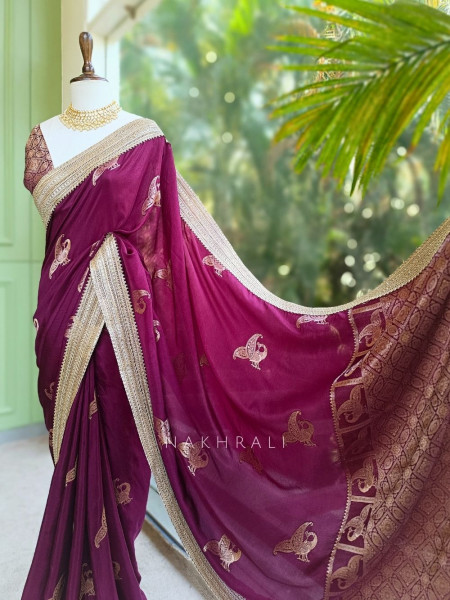 Tavira Wine Saree with Broad Border and Unstitched Blouse Piece