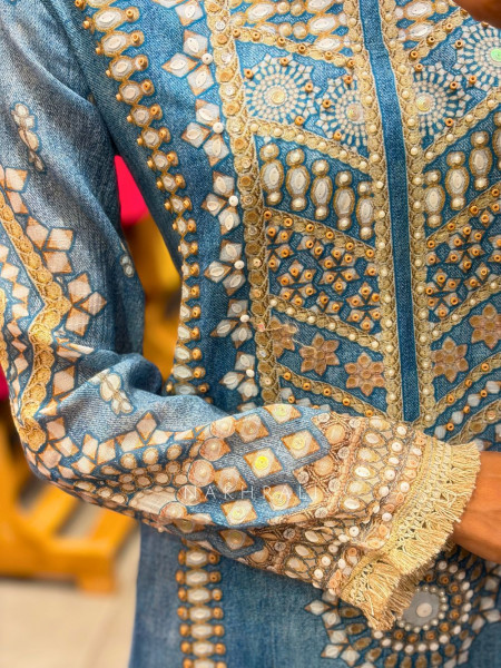 Kavira Blue Printed Suit Set with Embroidery, Beads & Stone Work