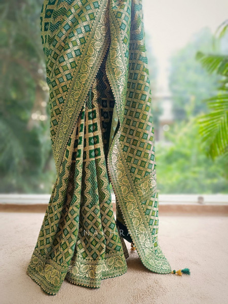 Riva Green Georgette Bandhani Saree with Gota Lace