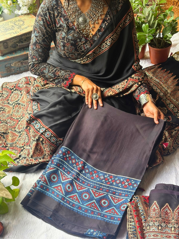 Image of Kamali Blue  Modal Saree with Ajrak Border