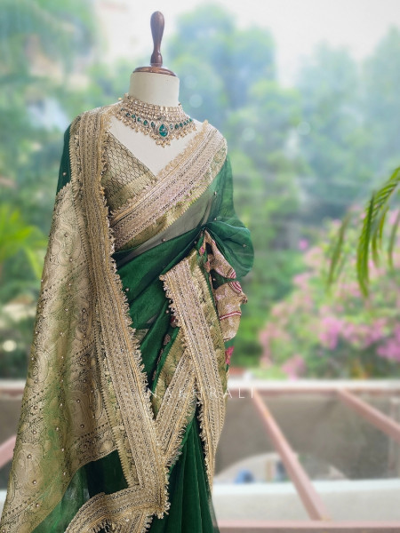 Vraj Ras Green Banarasi Tissue Silk Saree – Hand Embroidery & Zari Border