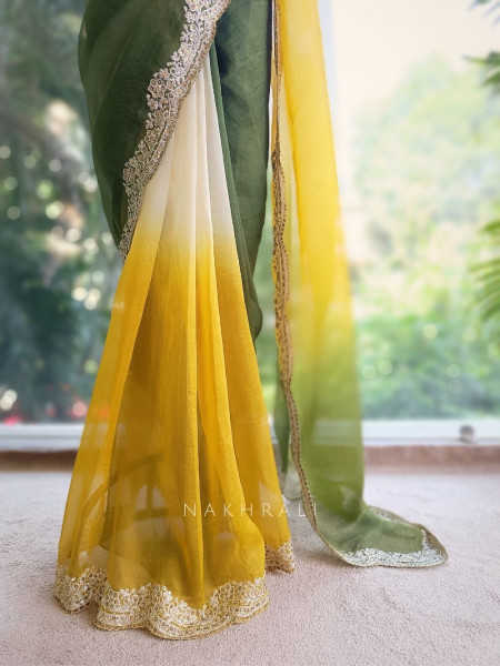 Harini Yellow Green Ombre Saree with Sequin Lace
