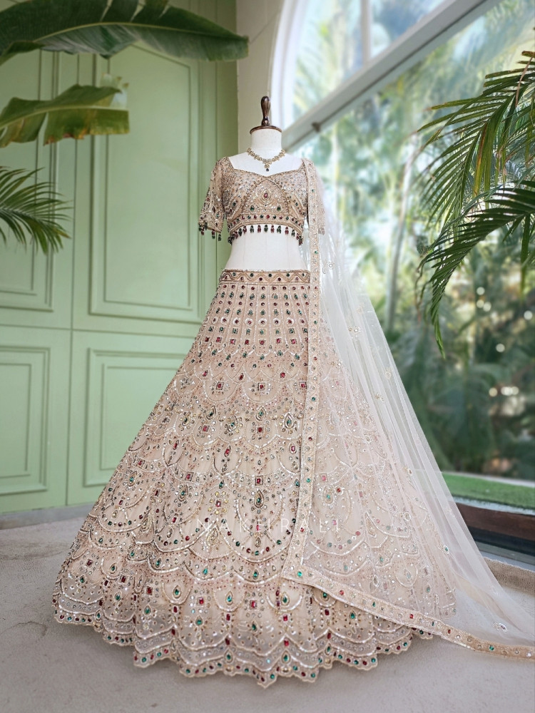 Image of Ruby Kundan  Beige Satin Lehenga