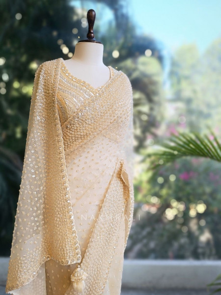 Chandelier Cream Net Saree with Sequin and Cut Dana Blouse