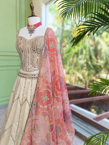 Darpan Pink Silk Corset Lehenga with Mirror Work