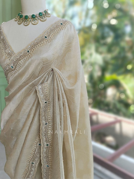 Pravika Cream Organza Silk Blend Saree with Scalloped Zardozi Border