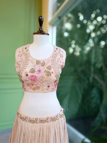 Ira Beige Embroidered Crop Top Skirt Set with Cape Dupatta