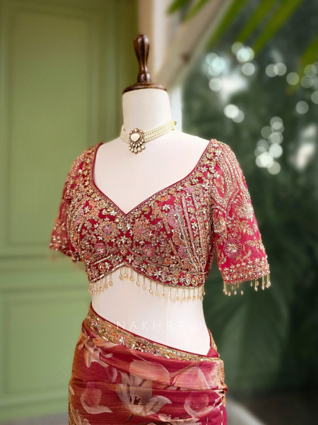 Avnita Red Floral Saree with Embellished Readymade Blouse