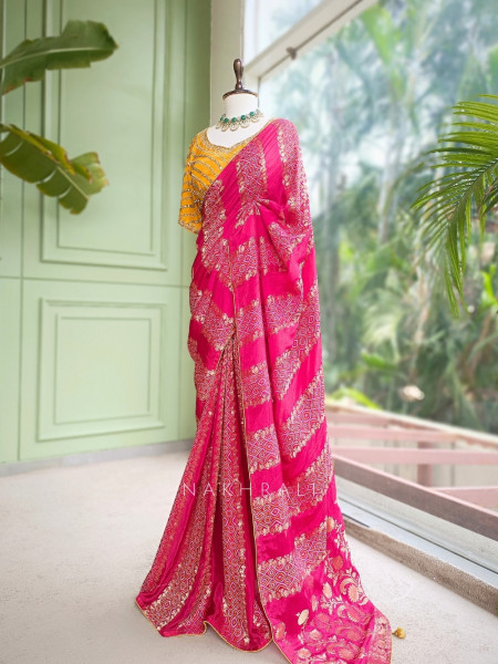 Pravahini Magenta Bandhani Saree with Sequin, Cut Dana & Mirror Work Readymade Blouse