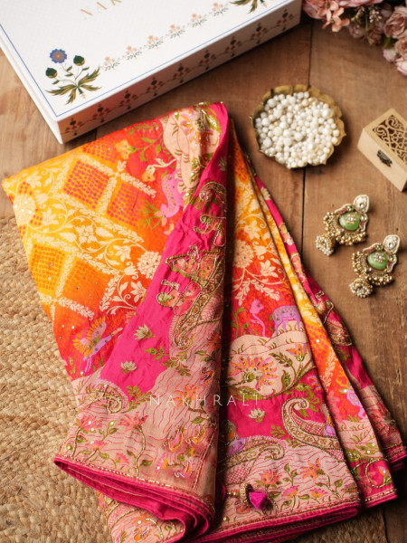 Heritage Bloom Mustard Gaji Silk Saree With Bandhani, Marodi & Gota Work