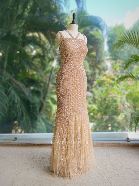 Aria Beige Sequin Cut Dana Gown with Pearl Detailing