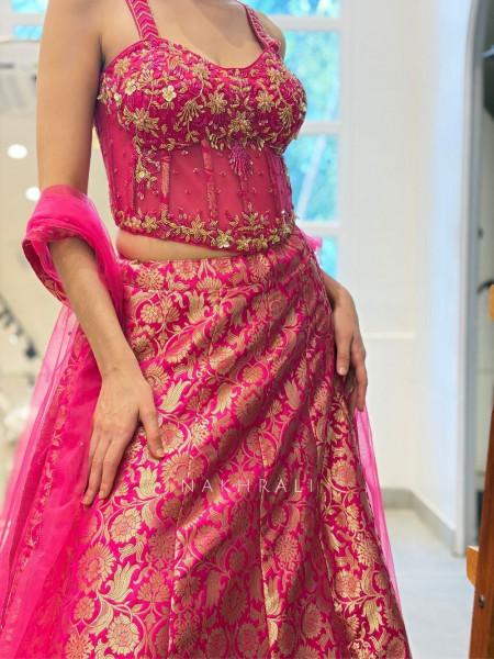 Gul-Shan Magenta Banarasi Brocade Corset Lehenga with Cut Dana Work